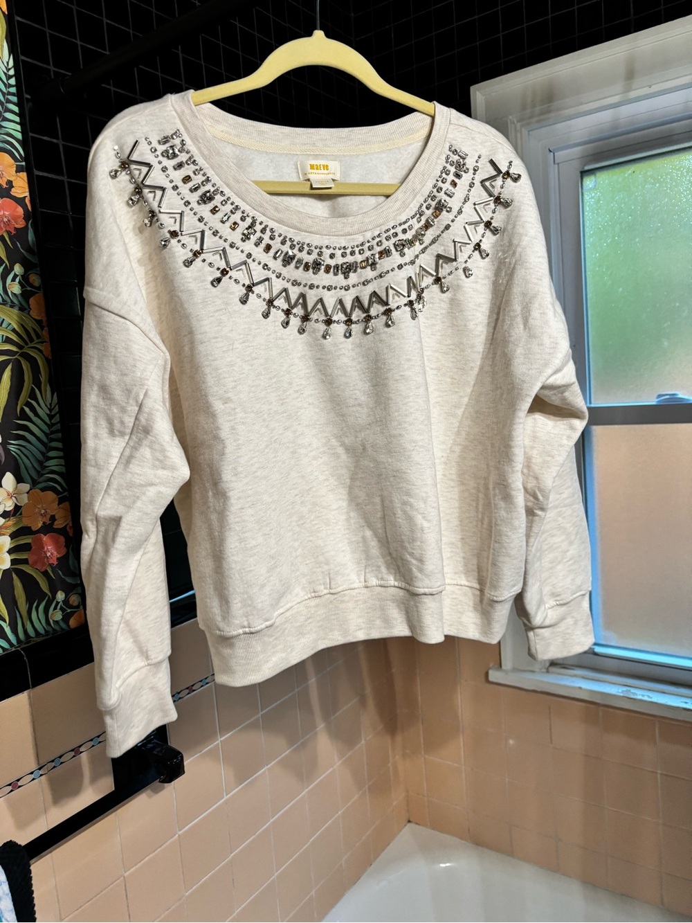 Anthropologie Maeve Cream Embellished Crewneck Sweatshirt